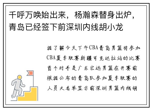 千呼万唤始出来，杨瀚森替身出炉，青岛已经签下前深圳内线胡小龙
